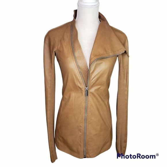 Rick Owens Calf Leather Asymmetrical Zip Jacket in Tan Honey Size 4 - Picture 2 of 16